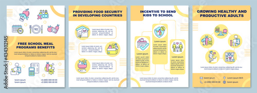 Free school meal programs benefits brochure template. Food security. Flyer, booklet, leaflet print, cover design with linear icons. Vector layouts for presentation, annual reports, advertisement pages