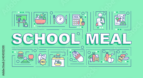 School meal word concepts banner. Healthy foods for children during study day. Infographics with linear icons on mint background. Isolated typography. Vector outline RGB color illustration