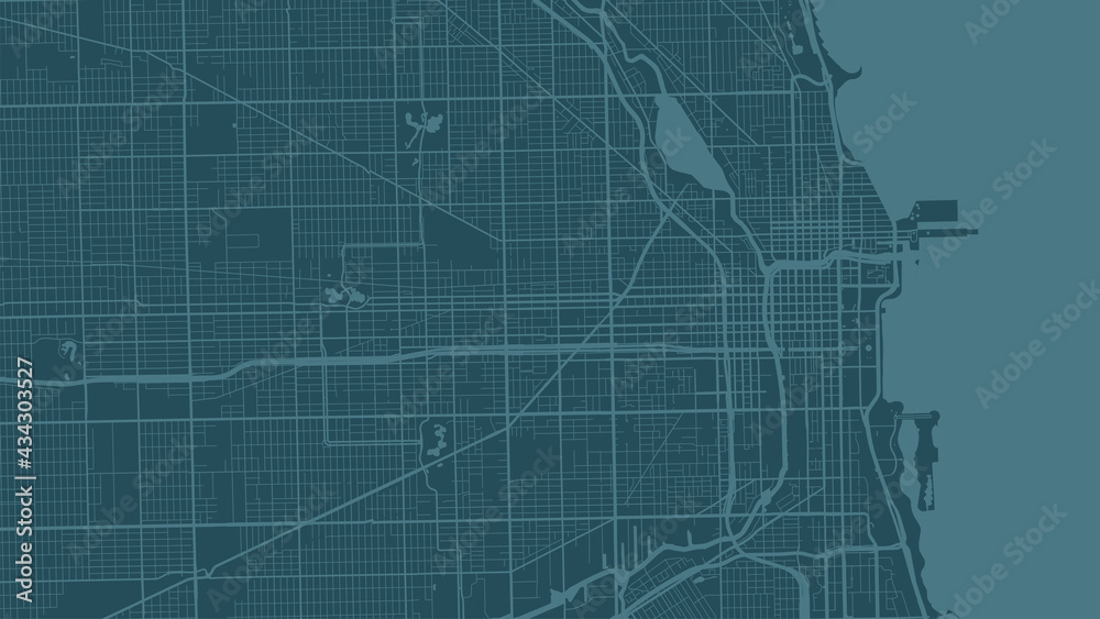 Blue cyan Chicago city area vector background map, streets and water cartography illustration.
