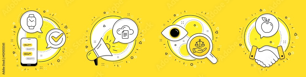 File storage, Smartwatch and Justice scales line icons set. Cell phone, megaphone and deal vector icons. Apple sign. Cloud computing, Digital time, Judgement. Fruit. Business set. Vector File storage, Smartwatch and Justice scales line icons set. Cell phone, megaphone and deal vector icons. Apple sign. Cloud computing, Digital time, Judgement. Fruit. Business set. Vector