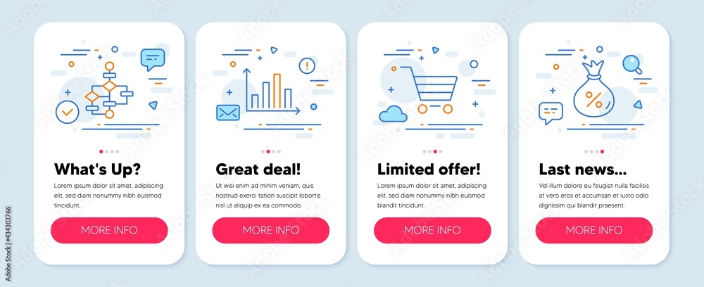 Set of Finance icons, such as Block diagram, Market sale, Diagram graph symbols. Mobile screen app banners. Loan line icons. Algorithm path, Customer buying, Presentation chart. Money bag. Vector
