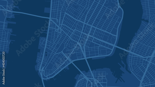 Blue New York city area vector background map, streets and water cartography illustration.