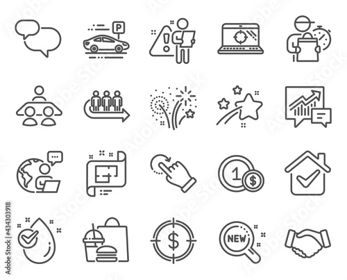 Business icons set. Included icon as Rotation gesture, Dollar target, Architectural plan signs. New products, Queue, Chat message symbols. Fireworks, Seo laptop, Usd coins. Water drop. Vector