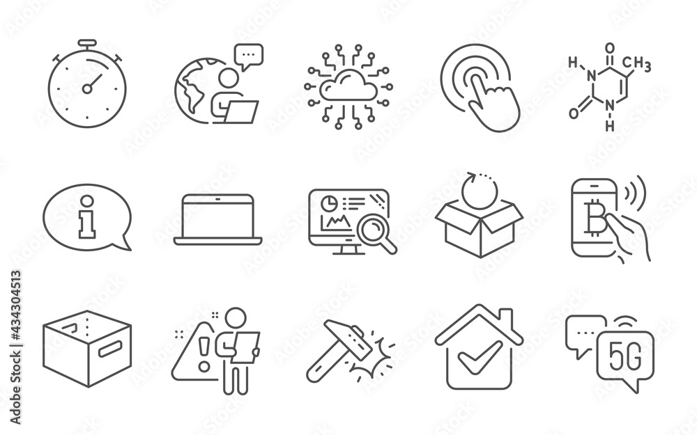 Click, Hammer blow and 5g internet line icons set. Return package, Laptop and Information signs. Timer, Seo analytics and Cloud network symbols. Office box, Bitcoin pay and Chemical formula. Vector Click, Hammer blow and 5g internet line icons set. Return package, Laptop and Information signs. Timer, Seo analytics and Cloud network symbols. Office box, Bitcoin pay and Chemical formula. Vector