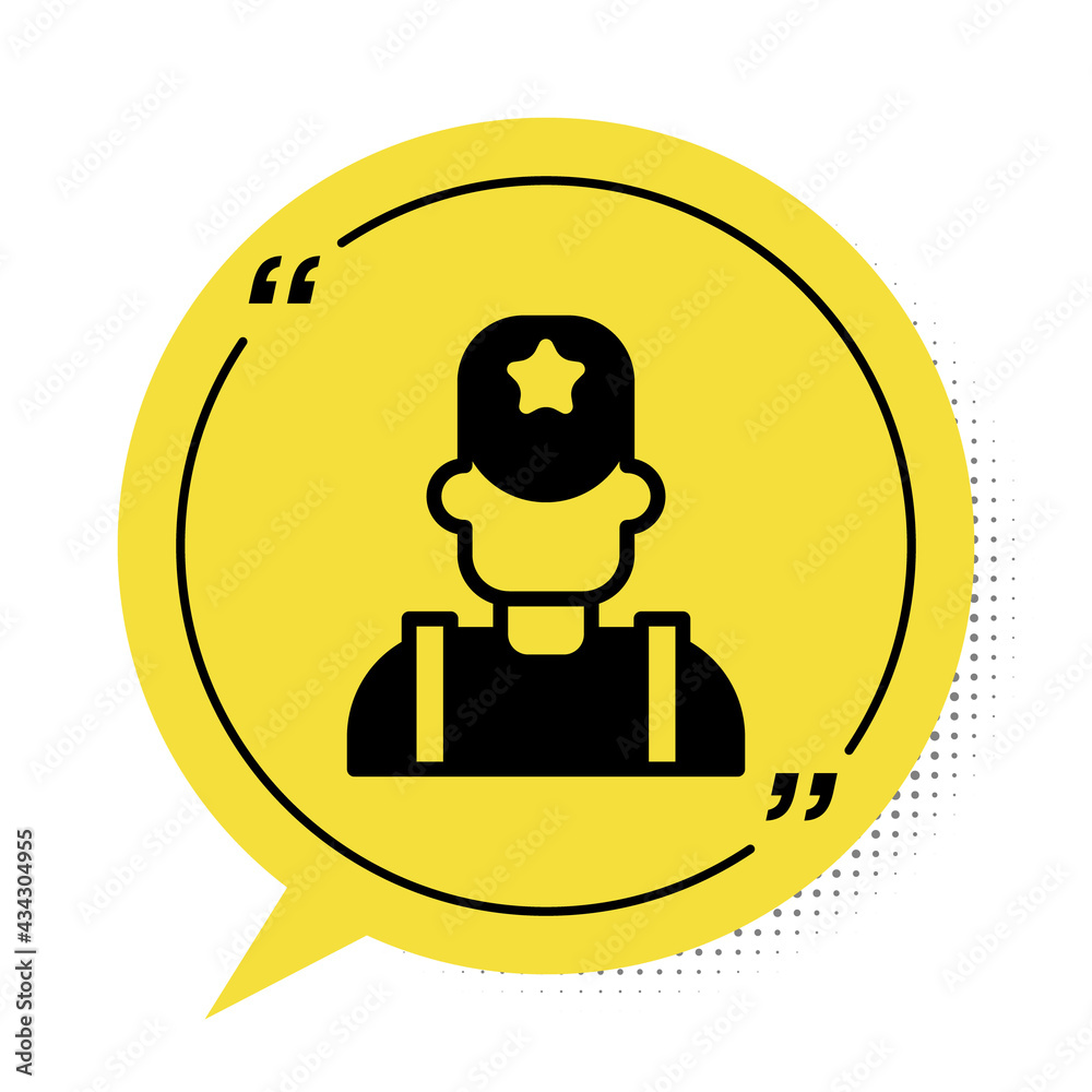 Black Sheriff cowboy hat with star badge icon isolated on white background. Police officer. Yellow speech bubble symbol. Vector Black Sheriff cowboy hat with star badge icon isolated on white background. Police officer. Yellow speech bubble symbol. Vector