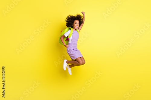 Fototapeta Naklejka Na Ścianę i Meble -  Full length body size photo of funny schoolgirl jumping high gesturing like winner wearing backpack isolated bright yellow color background