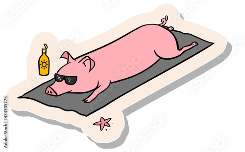 Hand drawn sticker style Pig laying at the beach vector illustration