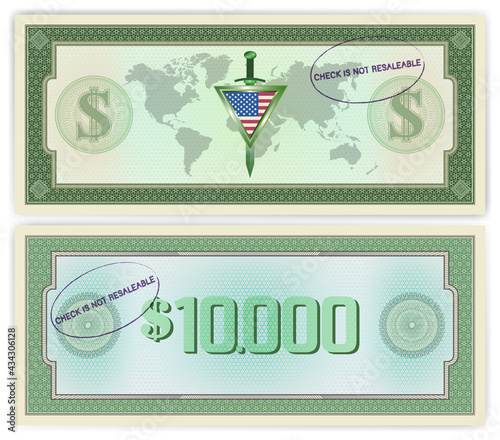 Obverse and reverse of a sample of a 10,000 dollars paper check with a seal. Green frame with guilloche grids. USA flag sword and shield