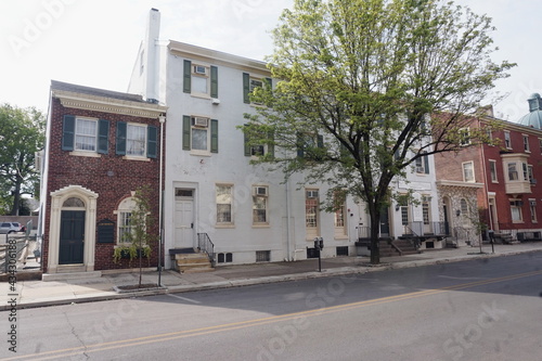 Stone White Stucco and Brick Townstyle Row Office in Daylight by Street with Tree