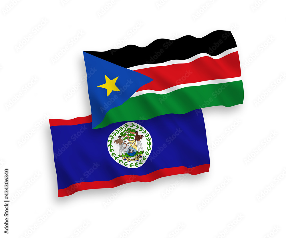 National vector fabric wave flags of Belize and Republic of South Sudan isolated on white background. 1 to 2 proportion.