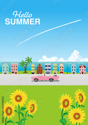 Fototapeta Naklejka Na Ścianę i Meble -  Pink convertible driving in the seaside small town - summer landscape, vertical, Included words 