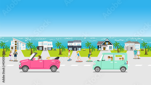 People in the seaside residential area - summer landscape