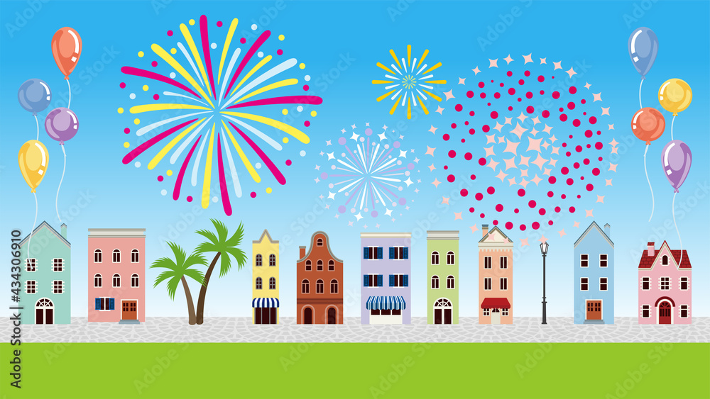 Fireworks display in small town at daytime - summer landscape Fireworks display in small town at daytime - summer landscape