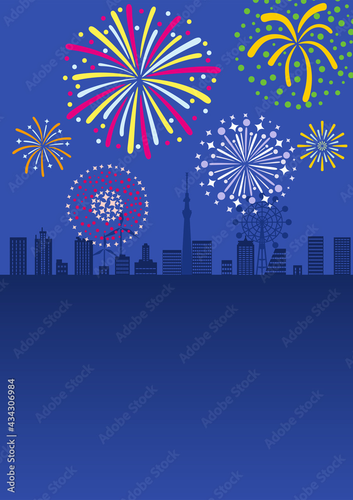 Fireworks display in the city background at night - summer landscape, vertical