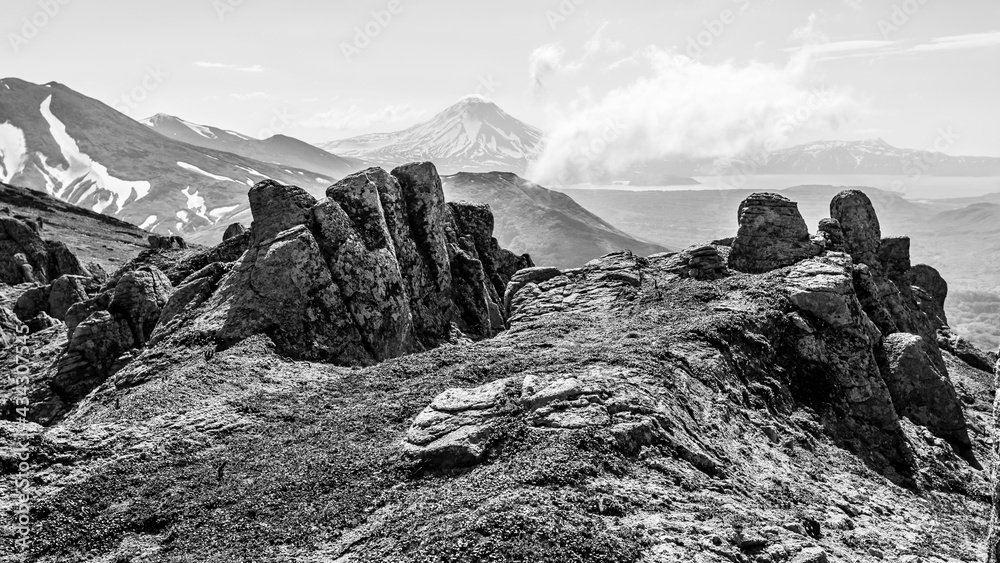Black and white view of the Ilyinsky Volcano early in the morning, Kamchatka Peninsula, Russia
