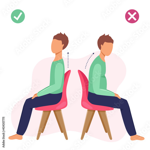 Man sitting in wrong and right ways. Back posture illustration. Vector illustration 