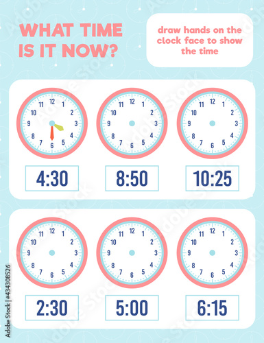 What time is it? Draw hands on the clock face. Time worksheet practice print page.
