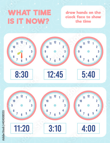 What time is it? Draw hands on the clock face. Time worksheet practice print page.