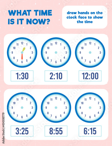 What time is it? Draw hands on the clock face. Time worksheet practice print page.