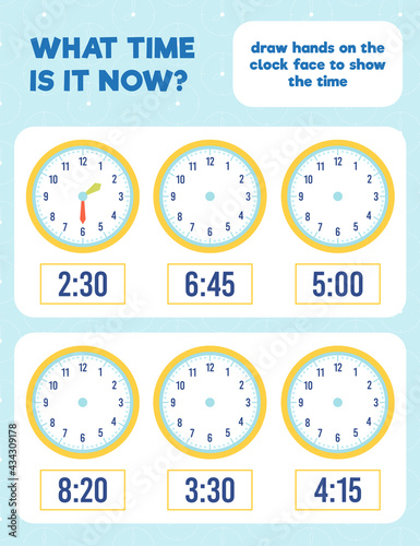 What time is it? Draw hands on the clock face. Time worksheet practice print page.