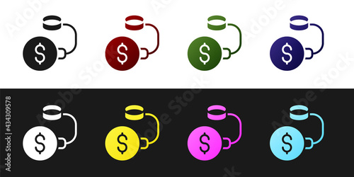 Set Debt ball chained to dollar coin icon isolated on black and white background. Big heavy debt weight with shackles and money. Financial crime, fee, crisis. Vector