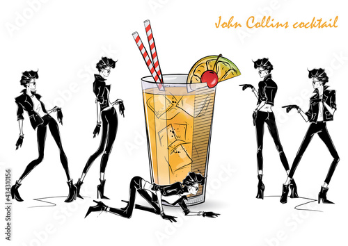 John Collins cocktail. Fashion girl in style sketch with cocktail. Vector Illustration