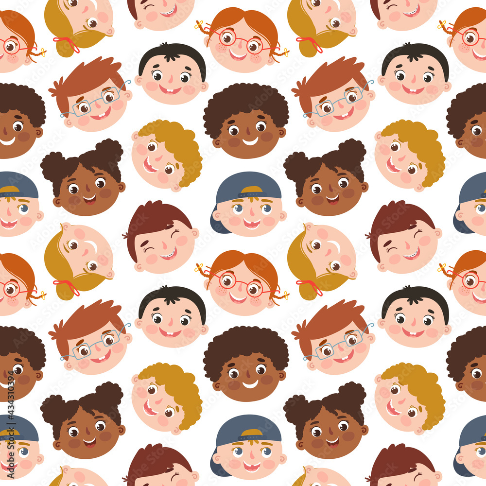 Seamless vector pattern with different multiracial smiling kids faces. Seamless vector pattern with different multiracial smiling kids faces.