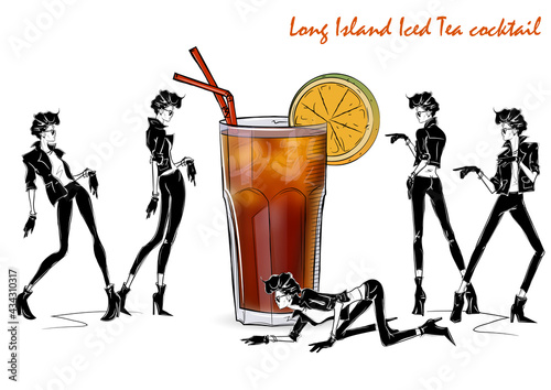 Long island iced tea cocktail. Fashion girl in style sketch with cocktail. Vector Illustration