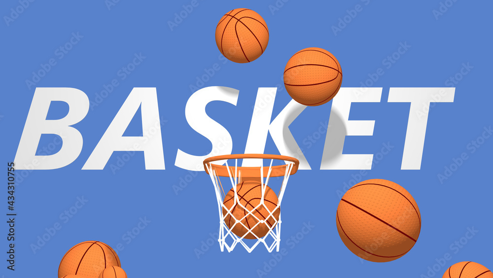 3d illustration of basketballs that go up to the basket and some score. Brightly colored graphic representation on a blue background with the word 