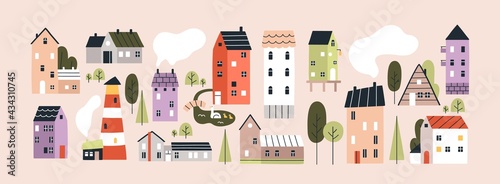 Set of isolated cute tiny houses, small buildings and trees in Scandinavian style. Trendy urban and village homes with windows, roof tiles and chimneys with smoke. Colored flat vector illustration