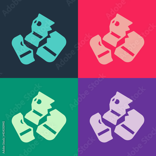 Pop art Scissors cutting a credit card icon isolated on color background. Online payment. Cash withdrawal. Financial operations. Shopping sign. Vector