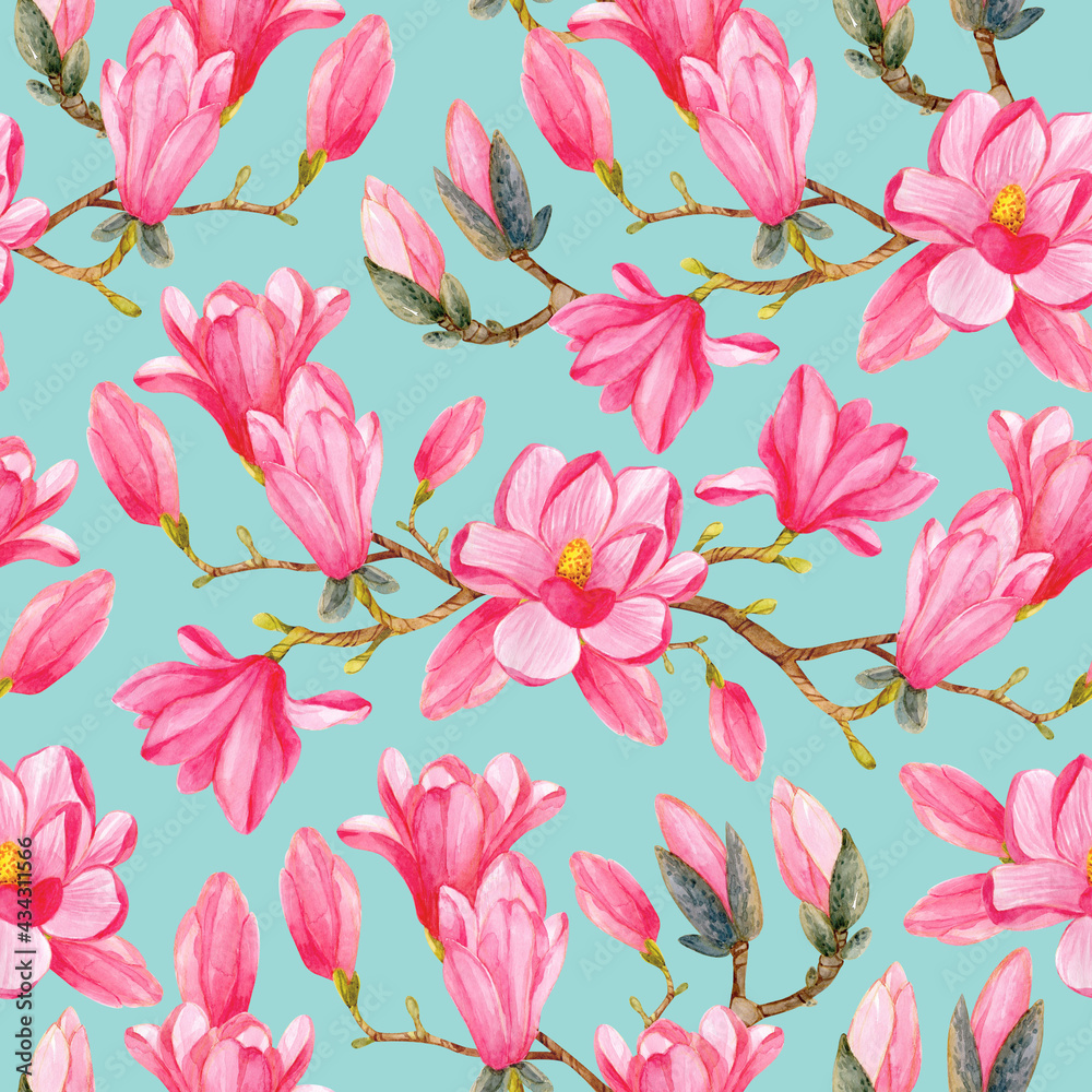 Seamless pattern with watercolor magnolia branches and pink flowers on a light blue background. Spring floral watercolor pattern.