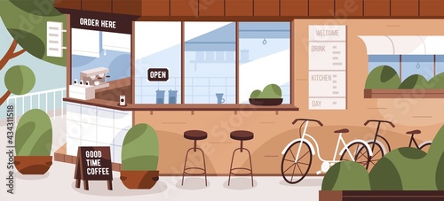 Street cafe kiosk exterior with menu board, furniture and bicycles. Modern takeaway coffee shop. Empty city summer landscape with open bistro and plants. Colored flat vector illustration