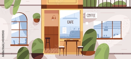 Cafe exterior with street terrace. Modern coffee shop building with tables and chairs outside. Front view of empty coffeehouse with open door. Urban cafeteria facade. Colored flat vector illustration