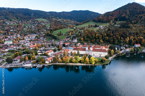 Aerial view, Tegernsee monastery and Bräustüberl, Tegernsee, Upper Bavaria, Bavaria, Germany,