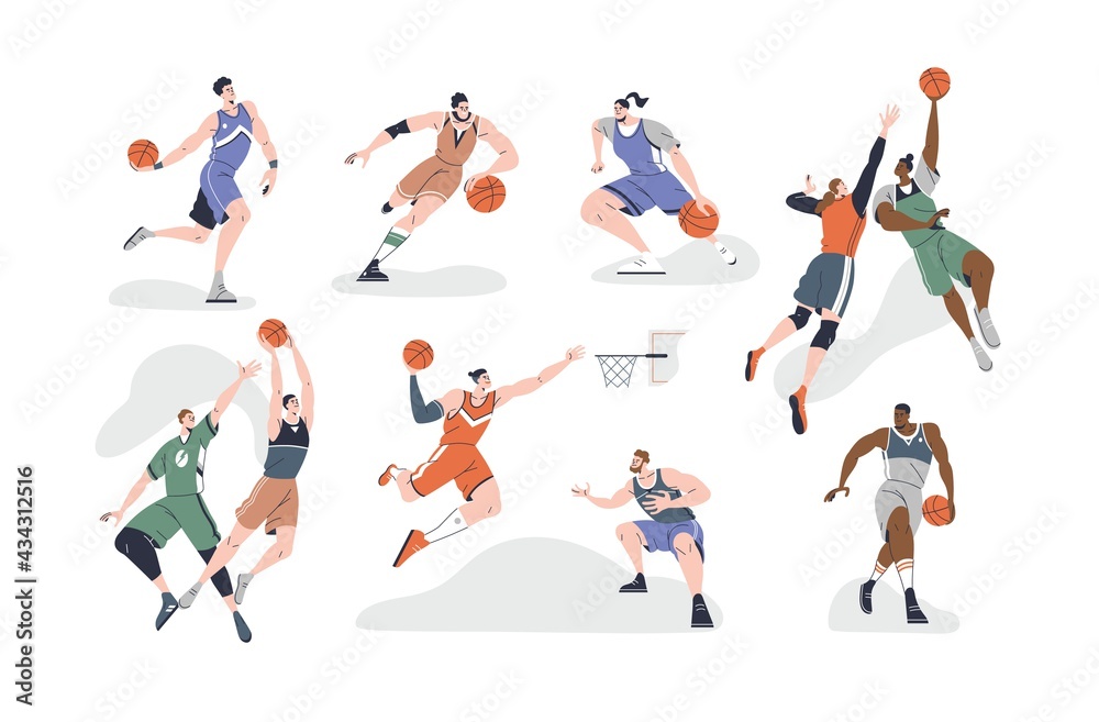 Set of male and female basketball players playing with ball, throwing it into net, dribbling and dunking. Young agile athletes. Colored flat graphic vector illustration isolated on white background