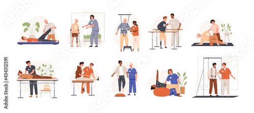 Therapists helping patients during physio therapy and rehabilitation set. Physiotherapy treatment for people with physical disabilities. Flat graphic vector illustration isolated on white background photo