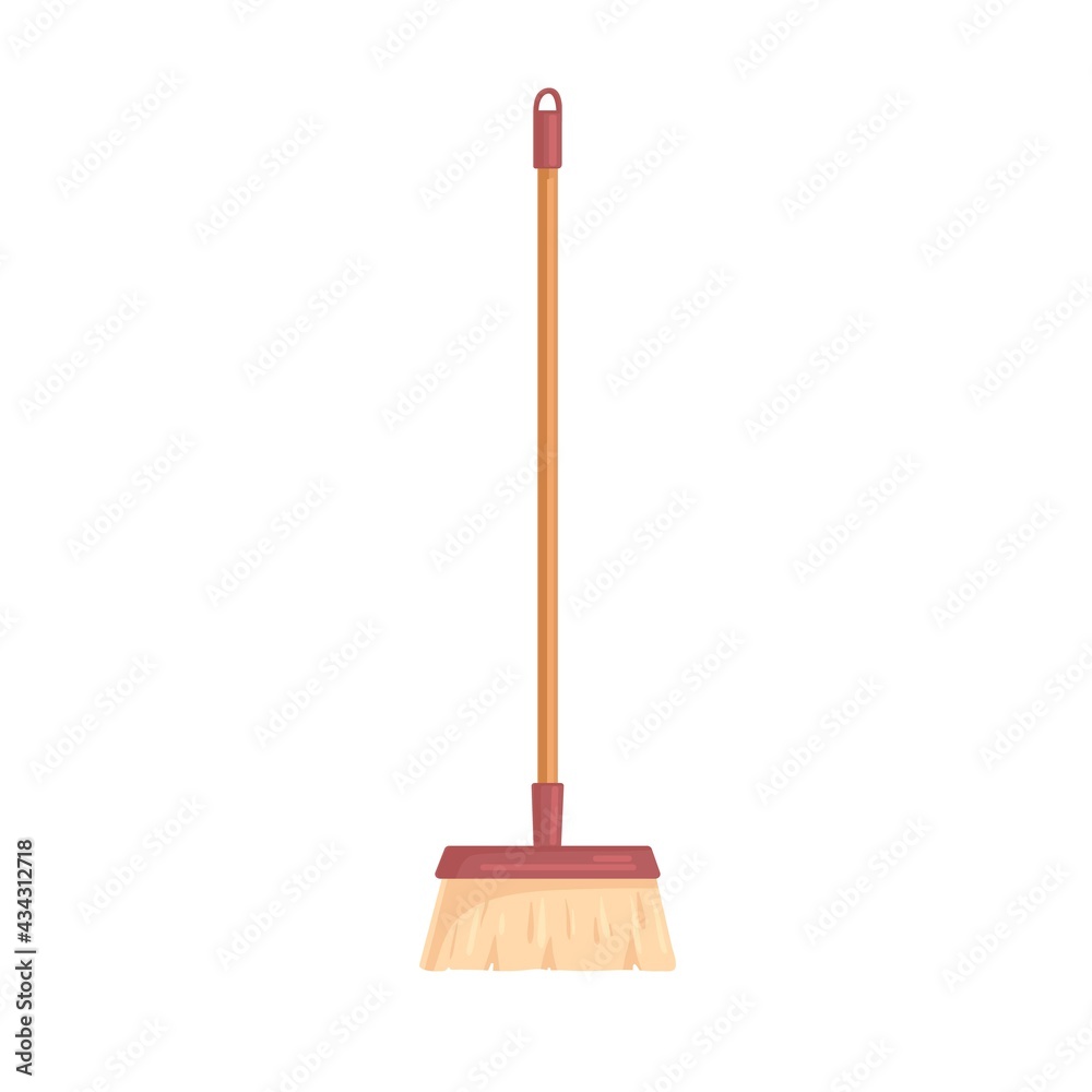 Brush bristle on long stick for floor cleaning. Realistic manual sweeping tool. Household appliance for cleanup. Colored flat vector illustration isolated on white background Brush bristle on long stick for floor cleaning. Realistic manual sweeping tool. Household appliance for cleanup. Colored flat vector illustration isolated on white background