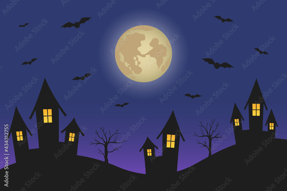 Bats flying over night town. Vector illustration.