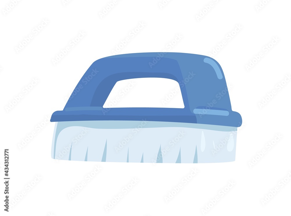 Small hand washing brush with handle and bristle. Manual cleaning tool for housework. Realistic household supply. Colored flat vector illustration isolated on white background