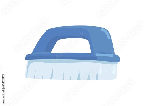 Small hand washing brush with handle and bristle. Manual cleaning tool for housework. Realistic household supply. Colored flat vector illustration isolated on white background