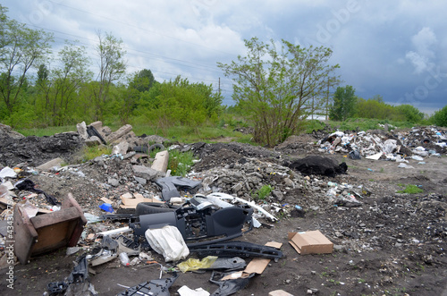 Spring landscape.Ecology of Ukraine. Nature near Ukrainian capital. Environmental contamination. Illegal junk dump. Kiev , Ukraine