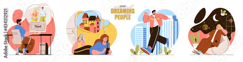 Your Dreaming People concept scenes set. Men and women think of rest, travel, free imaginations, escape from routine. Collection of human activities. Vector illustration of characters in flat design