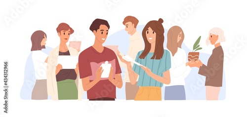 Happy people exchanging and sharing extra stuff with each other. Concept of things reuse, eco-lifestyle, conscious consumption and zero waste. Flat vector illustration isolated on white background