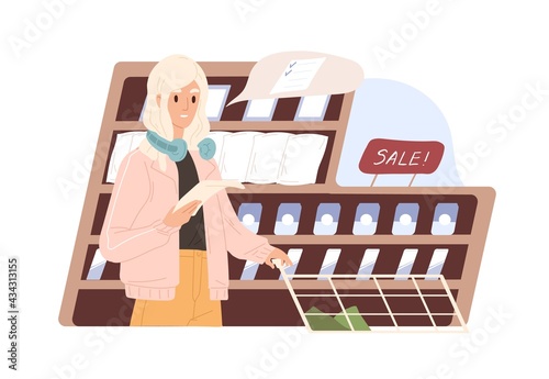 Conscious woman keeping to shopping list while buying food products in supermarket. Modern customer making purchases in grocery store. Colored flat vector illustration isolated on white background
