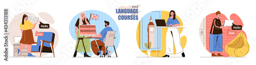 Your Language Course concept scenes set. Students learn English in classroom, study with tutor, work at workshops. Collection of people activities. Vector illustration of characters in flat design