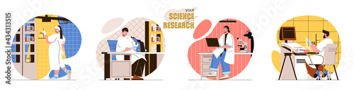Your Science Research concept scenes set. Scientists make discoveries, make laboratory tests, scientific development. Collection of people activities. Vector illustration of characters in flat design