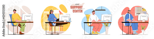 Your Support Center concept scenes set. Helpdesk operators in headset help customers, work in call center or hotline. Collection of people activities. Vector illustration of characters in flat design
