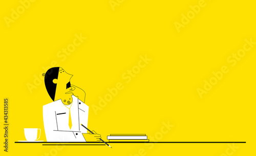 Copy space illustration. Man holding a pencil with his eyes focused on the copyspace. Limited colours flat vector.