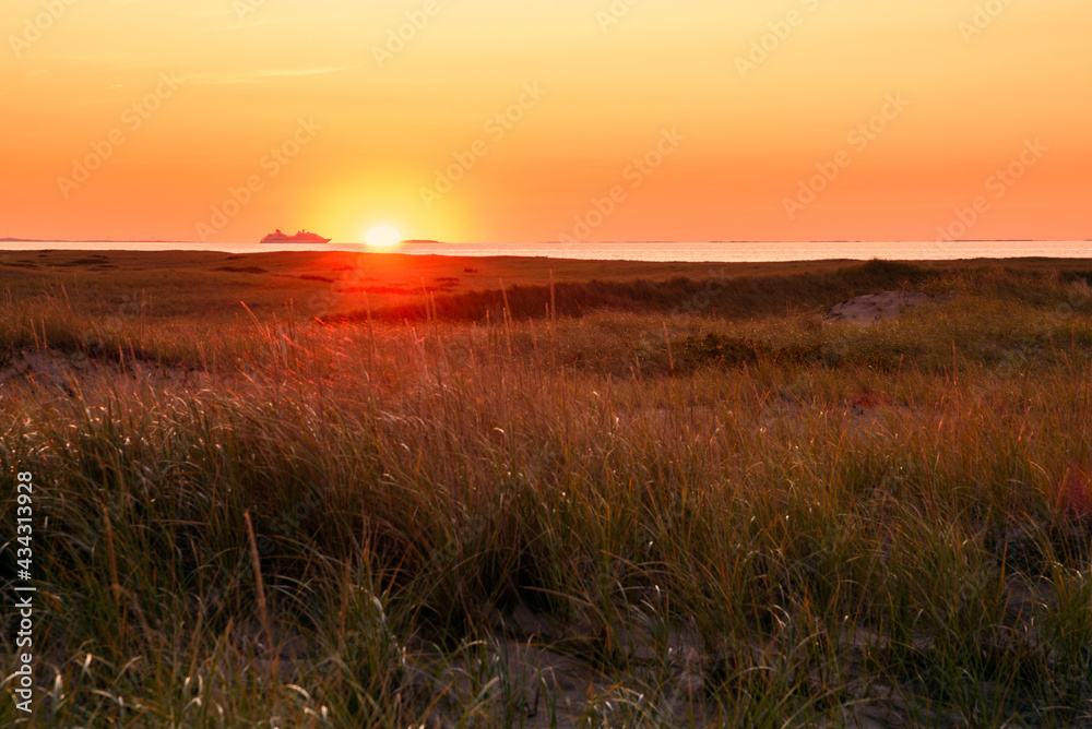 Obraz premium Majestic autumn sunset over grassy sand dunes along a coast. A Cruise ship in navigation is visible on horizon.